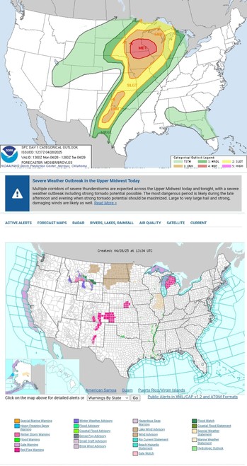 Severe Weather Outbreak in the Upper Midwest Today
Multiple corridors of severe thunderstorms are expected across the Upper Midwest today and tonight, with a severe weather outbreak including strong tornado potential possible. The most dangerous period is likely during the late afternoon and evening when strong tornado potential should be maximized. Large to very large hail and strong, damaging winds are likely as well