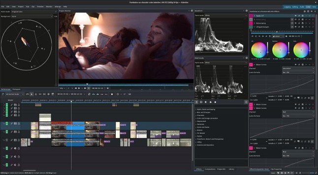 🕶️ A view of the UI with a video being edited, highlighting the possibility of subtitling a video, with an image of the extract being edited in the center, the video timeline at the bottom, and various curves and waveforms on the right.

📚️ Kdenlive is a libre and multi-platform non-linear video editing suite, allowing to assemble sounds and videos with various special effects. It is a mature software, whose interface uses a multi-track timeline for synchronizing multimedia data. In particular, it offers support for the main audio / video encoding formats, numerous effects and transitions, the copy and paste of these and videos, advanced titling functions, the "Proxy" edition (low resolution edition and HD final rendering), online resources, and much more.