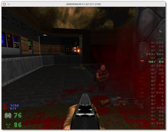 🕶️ An FPS view with the libre Freedoom 2 dataset + Brutal Doom v.2.1 mod + Zandronum v.3.1. I'm facing a Zombieman, while in the distance an Imp is firing at me.

📚️ Zandronum (contraction of ZDoom, Andromeda and Infernum, ex Skulltag!) is a libre, multi-platform Doom 1 and 2 engine, geared towards multiplayer gaming (up to 64 players). It offers a wide range of game modes and modifiers (Instagib, Buckshot, ...), and is compatible with Heretic, Hexen & Strife games, as well as with the many GZDoom mods and Skulltag mods from which it originates. It supports skins and the Announcer system (an on-screen / in-game announcement / reward system based on player performance), Runes, new weapons and monsters, custom bots, ...