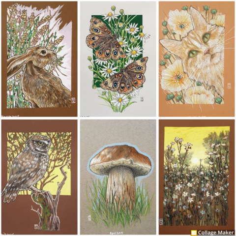 A photo collage of some of my art in tones of brown:
A hare, butterflies with daisies, a cat with flowers, a little owl, a mushroom and a floral landscape.