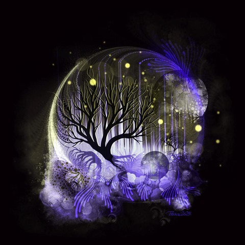 watercolour & ink; dark burgundy/brown background with a circular fractal swirl around a tree silhouette, purple waves and droplets combined with patches of dots are scattered around surrounding the centre; light dots glow towards the top; the lower edge is fragmented and distorted.