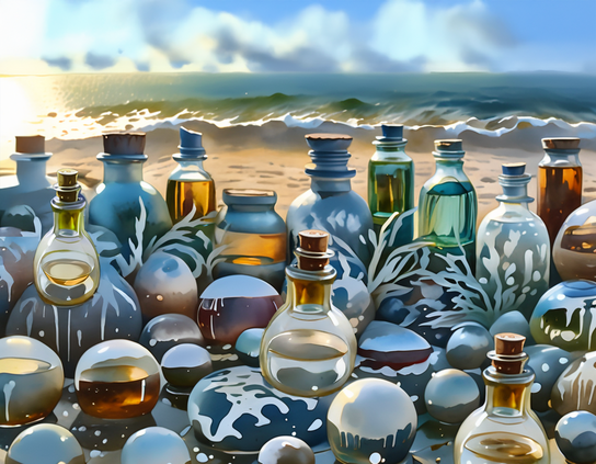 Collection of colorful glass bottles and spherical vessels scattered along a sunlit beach, against a backdrop of surf and dreamy summer skies.