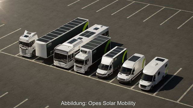 Fahrzeuge wie Lkw, Bus, Transporter und Wohnmobil, die Solarmodule tragen.