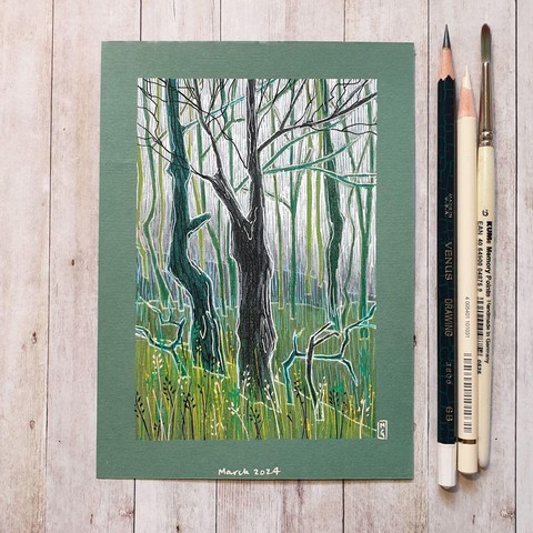 A drawing in an illustrative style of a woodland area with two large trees in the foreground.  The drawing has white line art and the palette is green, white and yellow.
An original art work
Colour pencil and mixed media on acid free toned artist paper
5 by 7 inches (12.7 by 17.8 cm).  This is a standard photo size in the UK and USA and should be easy to DIY frame. 
Sold unframed