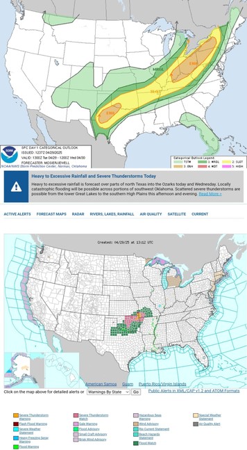 Heavy to Excessive Rainfall and Severe Thunderstorms Today
Heavy to excessive rainfall is forecast over parts of north Texas into the Ozarks today and Wednesday. Locally catastrophic flooding will be possible across portions of southwest Oklahoma. Scattered severe thunderstorms are possible from the lower Great Lakes to the southern High Plains this afternoon and evening.