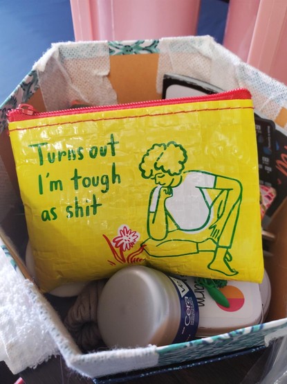 A small bright yellow plastic rectangular bag with red zipper, to the right an illustration of a woman sitting cross legged, resting her chin on her hand, gazing at a red flowering plant, and the words "Turns out I'm tough as shit" in upper left quadrant.