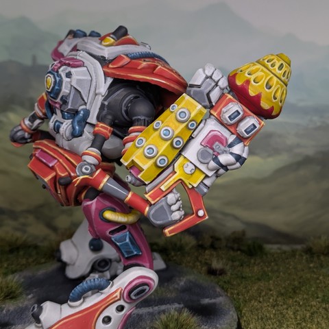 Detail shot of the right hand weapon, an unusual huge gun with a bulbous tip