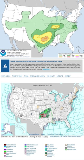 Severe Thunderstorms and Excessive Rainfall in the Southern Plains Today
Heavy to excessive rainfall may produce additional flash flooding today across parts of the southern Plains where the greatest risk is along the Red River Valley into western Arkansas. Scattered severe thunderstorms are possible today from north central Texas into the ArkLaTex Region. Large to very large hail, damaging winds, and tornadoes are all possible, with some strong-tornado potential.