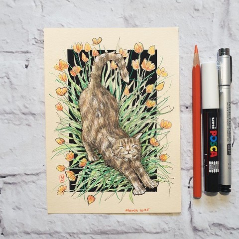 A small drawing of a brown tabby cat stretching in a flowerbed filled with orange flowers. The drawing is on cream toned paper with a black background. 
An original art work
Colour pencil and mixed media on acid free toned artist paper
5 by 7 inches (12.7 by 17.8 cm).
Sold unframed