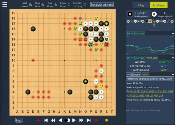 🕶️ A view of the IU, with the main section on the left featuring the board (known as the goban), on which several black and white stones are placed. The AI is deep in thought, with colored dots representing the evaluation of the best moves to play (the darker the dots, the better the probabilities). On the right-hand side of the UI, players' score curves for each move and an evaluation of their chances of winning the game in real time.

📚️ KaTrain is a libre, multi-platform interface for learning the game of Go by analyzing games (in the same way as Scid for chess) and providing feedback on the moves made by the KataGo AI (free & integrated into the interface). It provides an analysis of the player's games, indicating the most costly moves in terms of points lost. It also allows you to play against the AI (at different levels and playing styles) and get immediate feedback on the mistakes you've made, as well as the possibility of going back. It is also possible to automatically generate targeted SGF analyses showing the biggest mistakes.