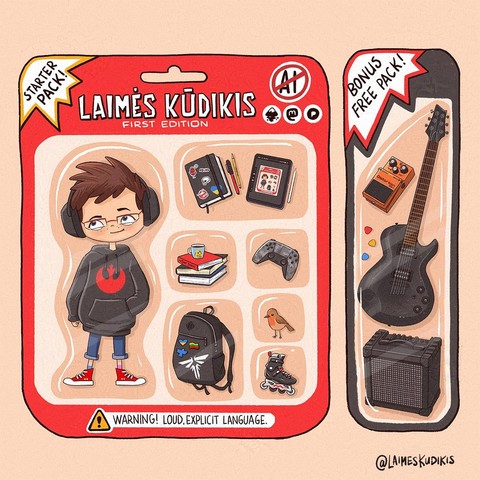 A starter pack drawn in cartoon style. 

Including: action figure of an artist (a girl with oversized jumper and messy pixie hair). 

Accessories: sketchbook, drawing supplies, ipad and pencil, stack of books, playstation controller, backpack with a bunch of pins, a bird, a roller blade. 

Bonus free mini pack on the side includes an electric guitar with an amp and distortion pedal.
