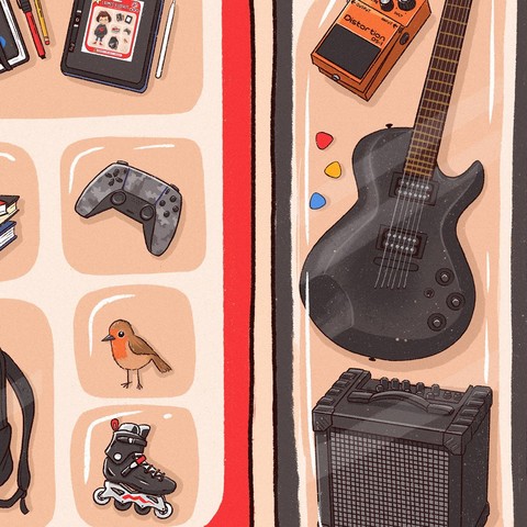 A closeup of a starter pack to see a more detailed view of a controller, bird, roller blade, guitar, amp and pedal