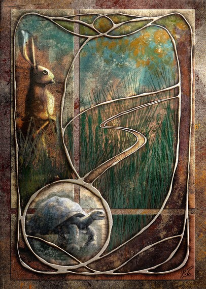 Stylized illustration inspired by the fable, The Tortoise and the Hare, in browns, teals, greens, and oranges. Heavily textured Art Nouveau style.