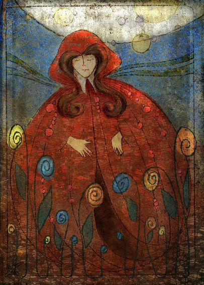 Stylized illustration of a girl in a red cloak amongst a garden of flowers. Heavily textured with dominant colors of blues and reds.
