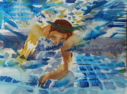 Swimmer. 
G.
Watercolour on paper.
A swimmer slices through water in a pool leaving ripples, bubbles and foam in his wake. Solid sinewy brown and ochre flesh contrast with the blue and turquoise flow of water over smooth blue tiles.