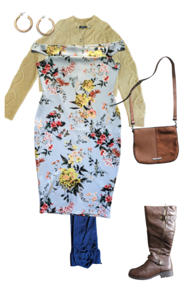 Flat lay of outfit with a light blue floral bodycon dress, yellow cardigan, gold hoop earrings, blue tights, tall leather boots and a brown leather cross body bag.
