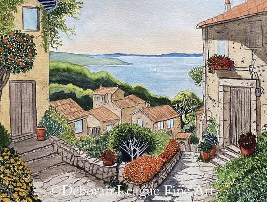 View to lake Garda from a pretty hillside village. Traditional Italian homes overlook beautiful lake Garda in the distance. Stone pathways are lined with vibrant flowers, and the villas are surrounded by lush greenery. On the lake, a lone sailboat traverses the calm water. Shadows and light play against the buildings and plants in the landscape.

This watercolor painting showcases the breathtaking beauty of a hillside village nestled above Lake Garda, Italy. Enjoy the serene charm of Italian architecture framed by rolling hills, lush greenery, and the tranquil waters of a lake.  This artwork brings the peaceful ambiance of Italian life into any space, making it the perfect addition to your home or office decor.

Ideal for art lovers who appreciate Italian landscapes, Mediterranean charm, or the serene vibes of European lakeside villages.