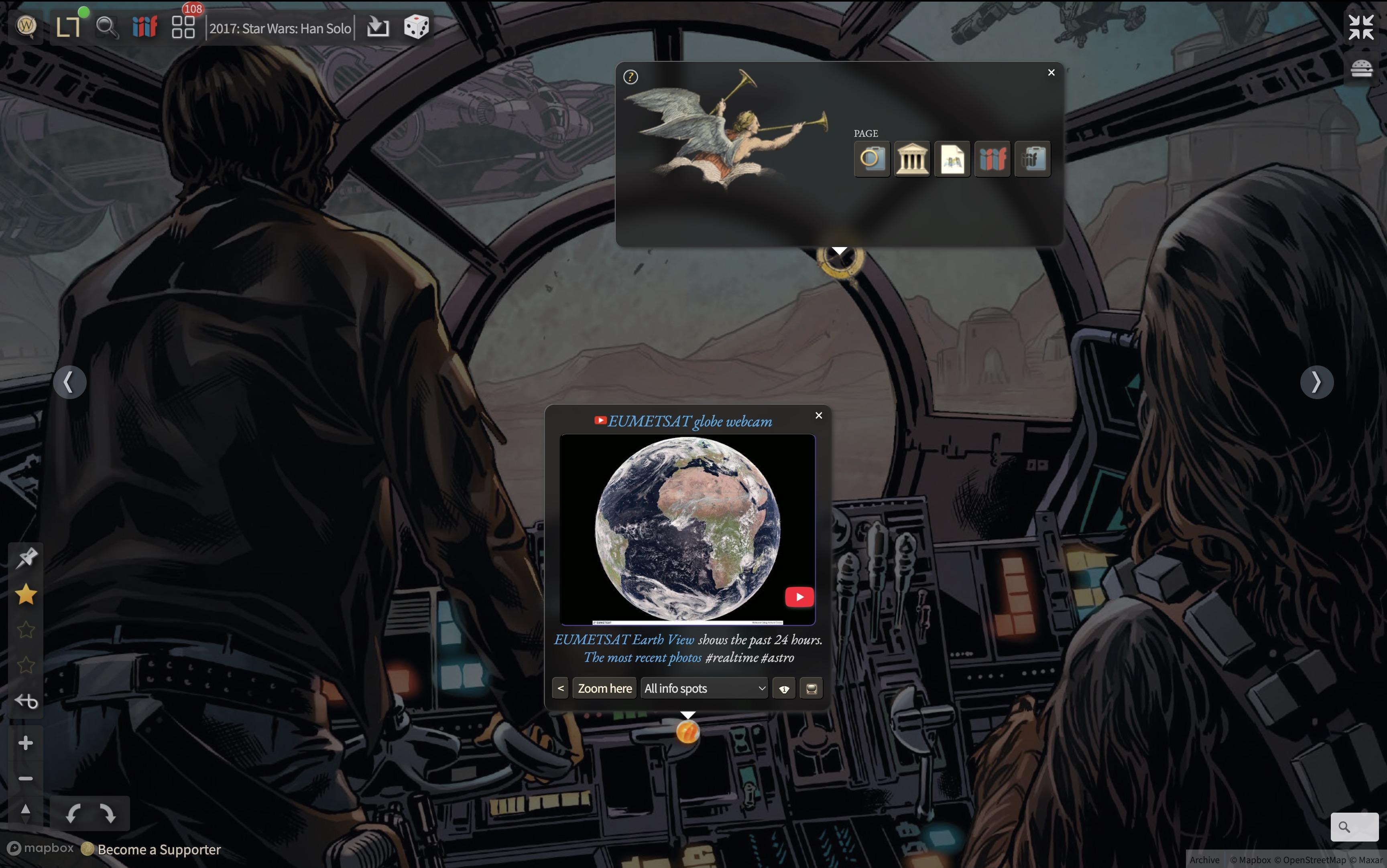Comic drawing of a cockpit. Han Solo on the left and Chewbacca on the right. Two popup windows show the Earth and an angel.