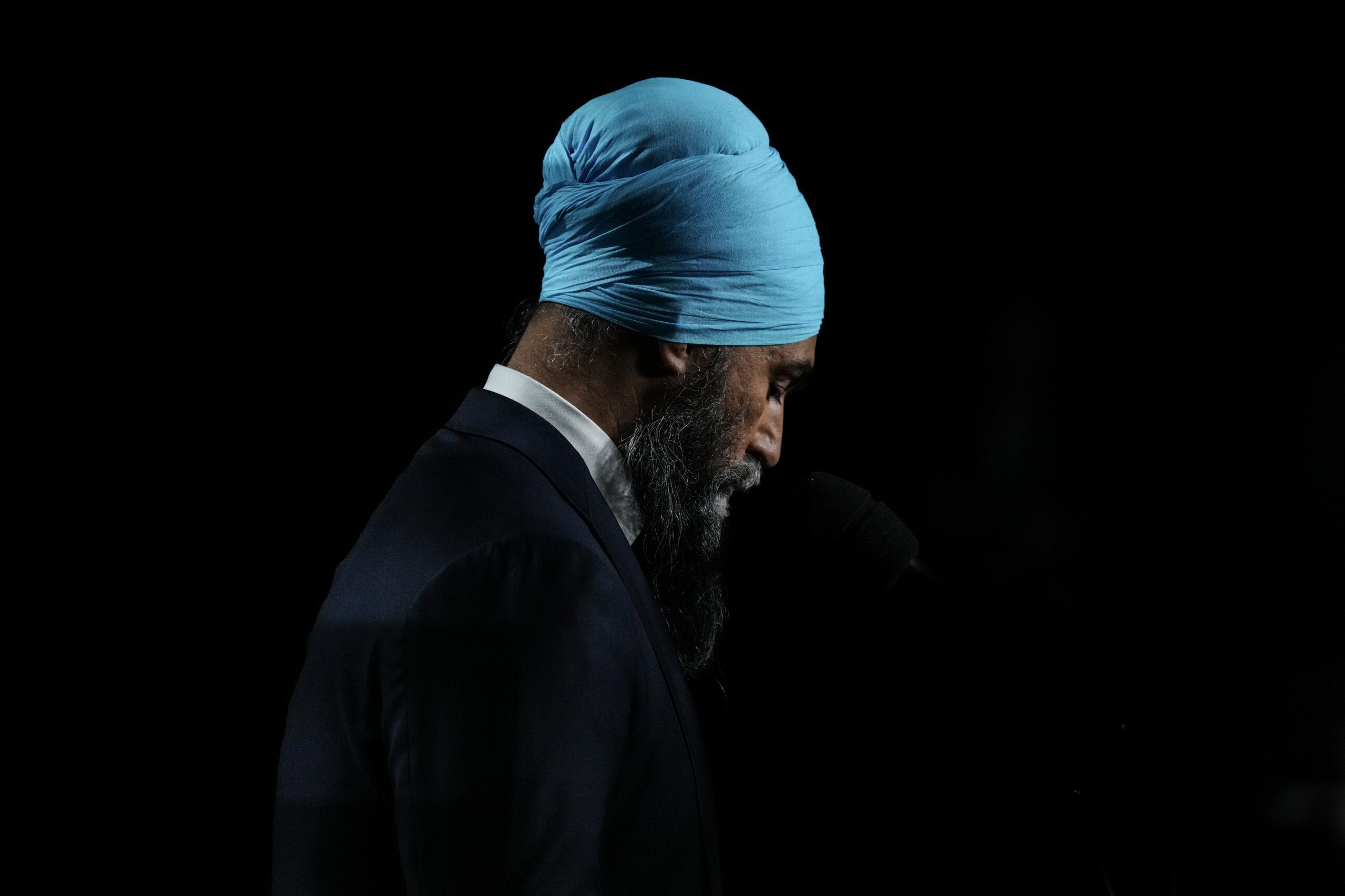 Jagmeet Singh looking down.