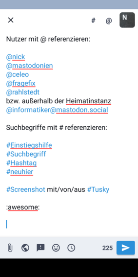 Screenshot mit Beispielen @ und # in Tusky auf Android
