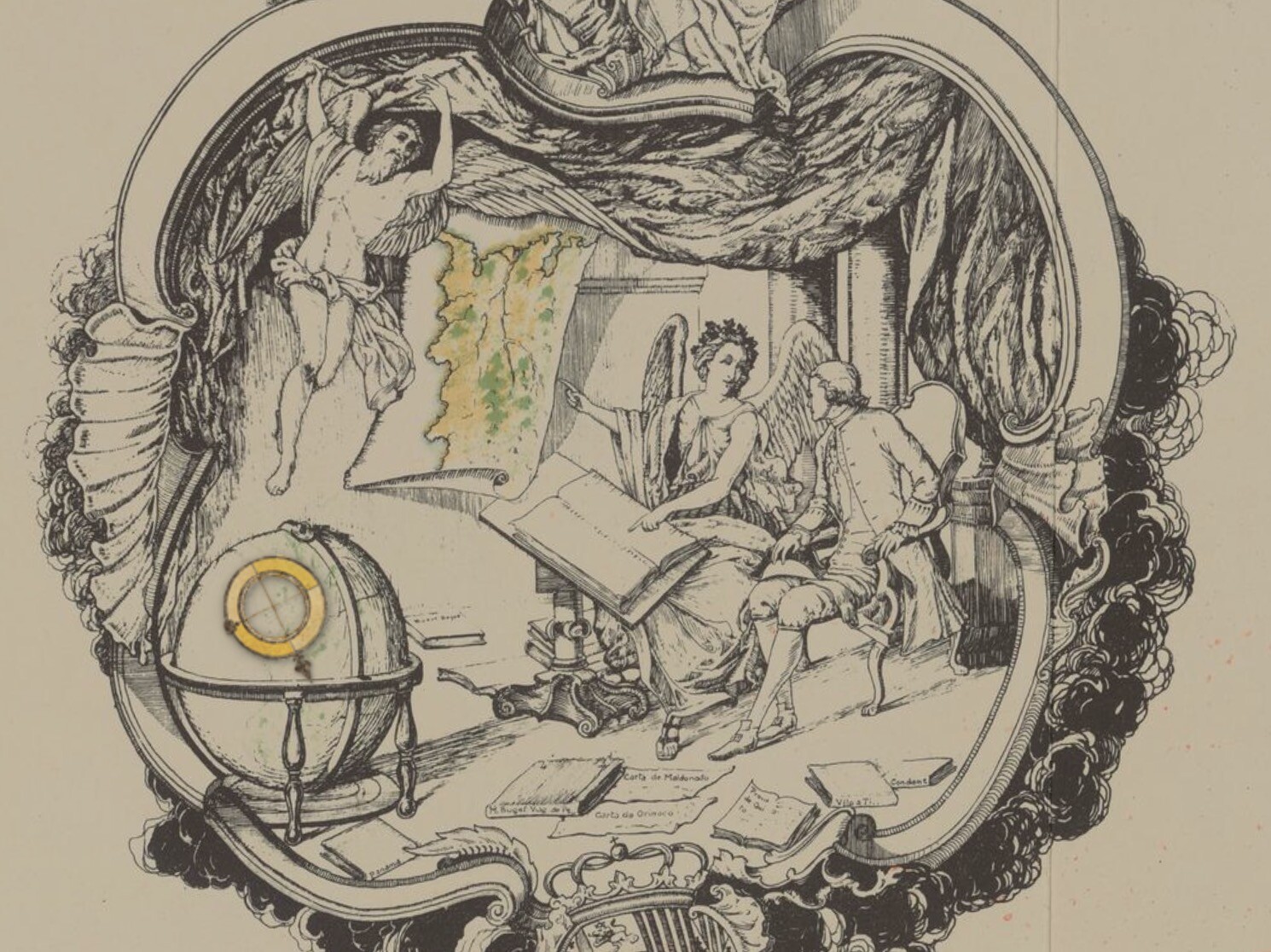 Illustration einer altern Landkarte. Ein weiglicher Engel zeigt auf eine Karte und ein aufgeschlagenes Buch. Ein Gelehrter aus 1772 mit Kniebundhosen hört ihr zu.