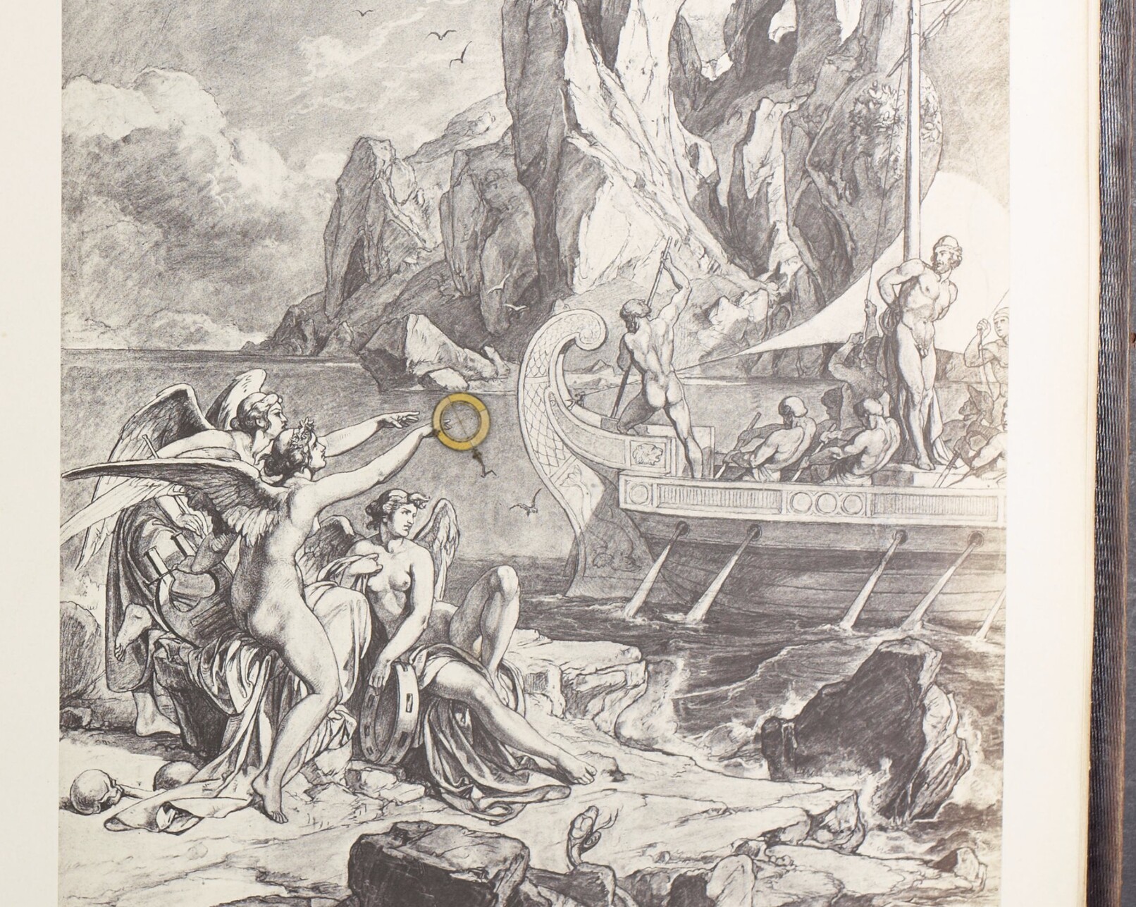 Alte Radierung zeigt die verführerischen Sirenen und Odysseus, der sich an den Schiffsmast gebunden hat.