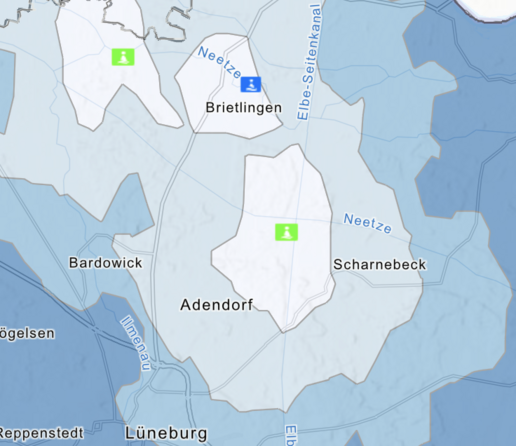 Landkarte mit Linien gleicher zeitlicher Entfernung und Badestellen mit Qualitätsanzeige