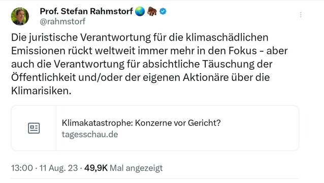Tweet Professor Stefan Rahmstorf, juristische Verfolgung der Verantwortlichen für den Klimawandel