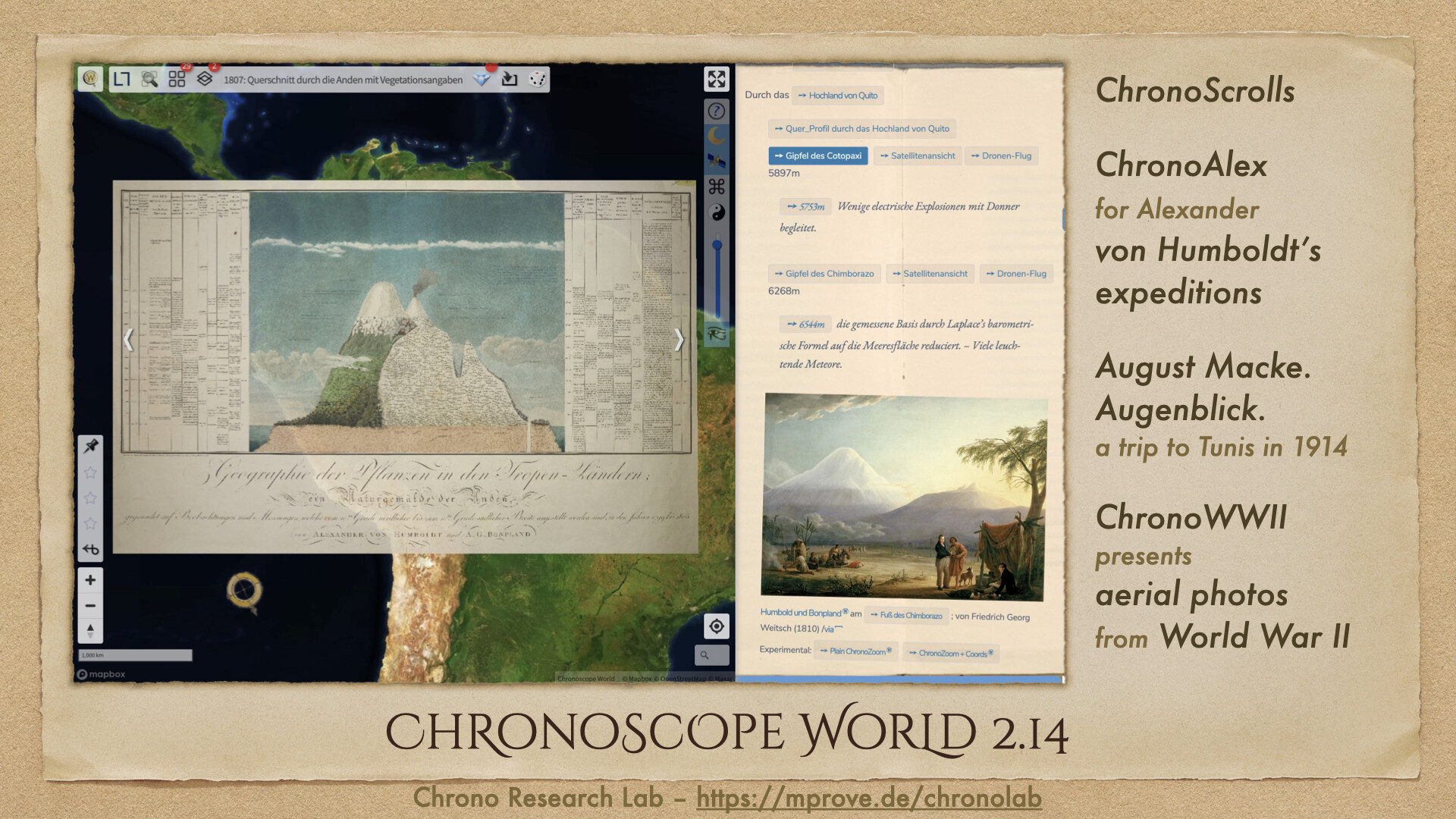 ChronoScrolls:

ChronoAlex  for Alexander  von Humboldt’s  expeditions 

August Macke. Augenblick. A trip to Tunis in 1914

ChronoWWII  presents  aerial photos from World War II
