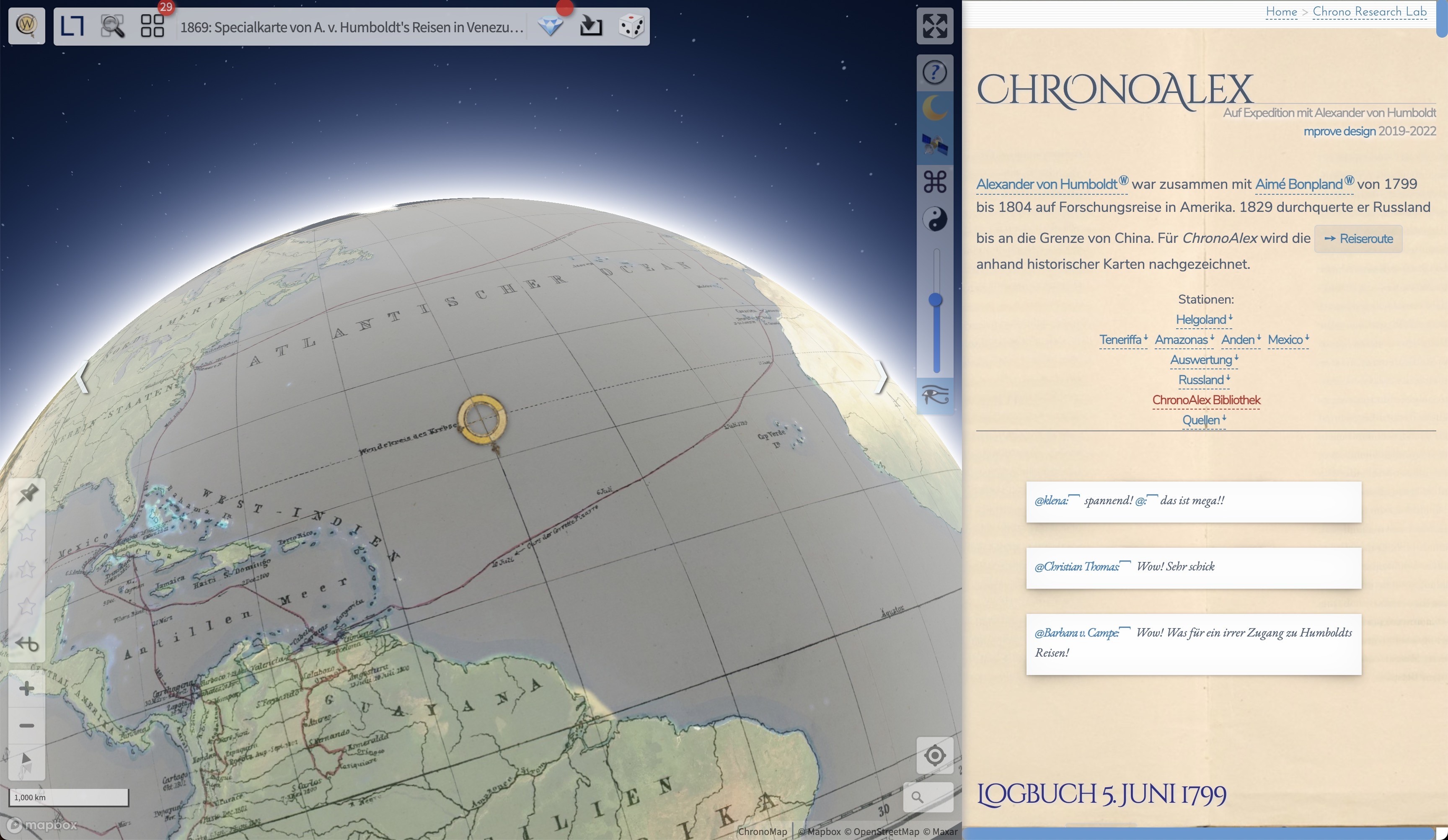 Screenshot. Ein Globus, der mit alter Karte ummantelt ist.