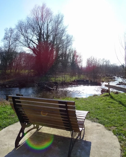 Holzbank an einem Flusslauf in der Sonne
