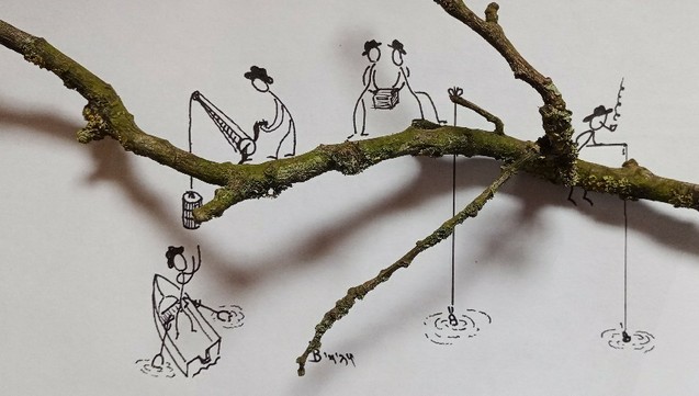 A small twig lying on a white sheet of paper. Some added lines in black ink form a scene of some men wearing hats balancing on a tree trunk over water, lowering a small barrel into a rowing boat below or carrying a wooden box. One man is sitting on the trunk with a fishing rod in his hands, smoking a pipe.