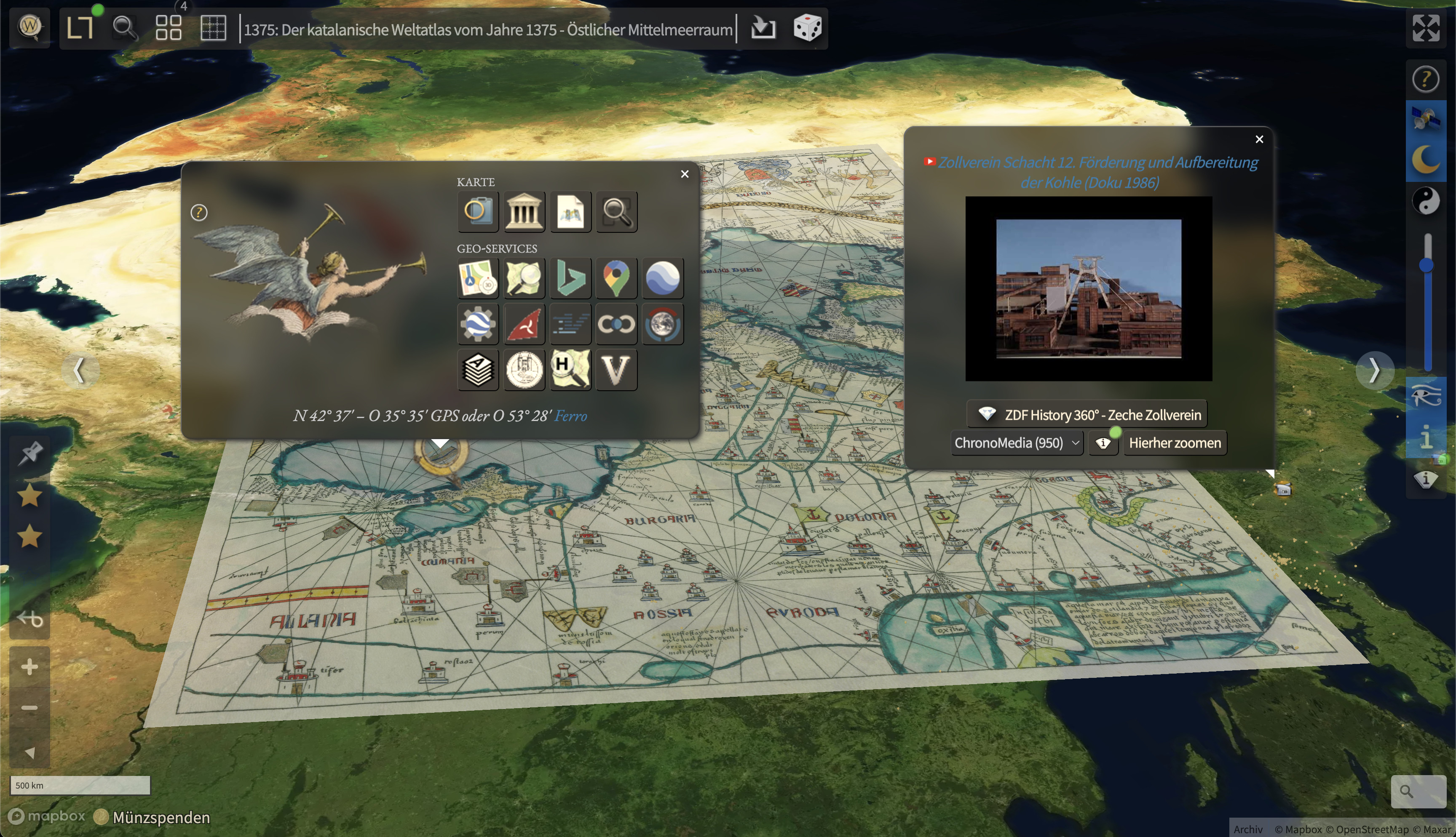 screenshot with an old map and translucent dark panels