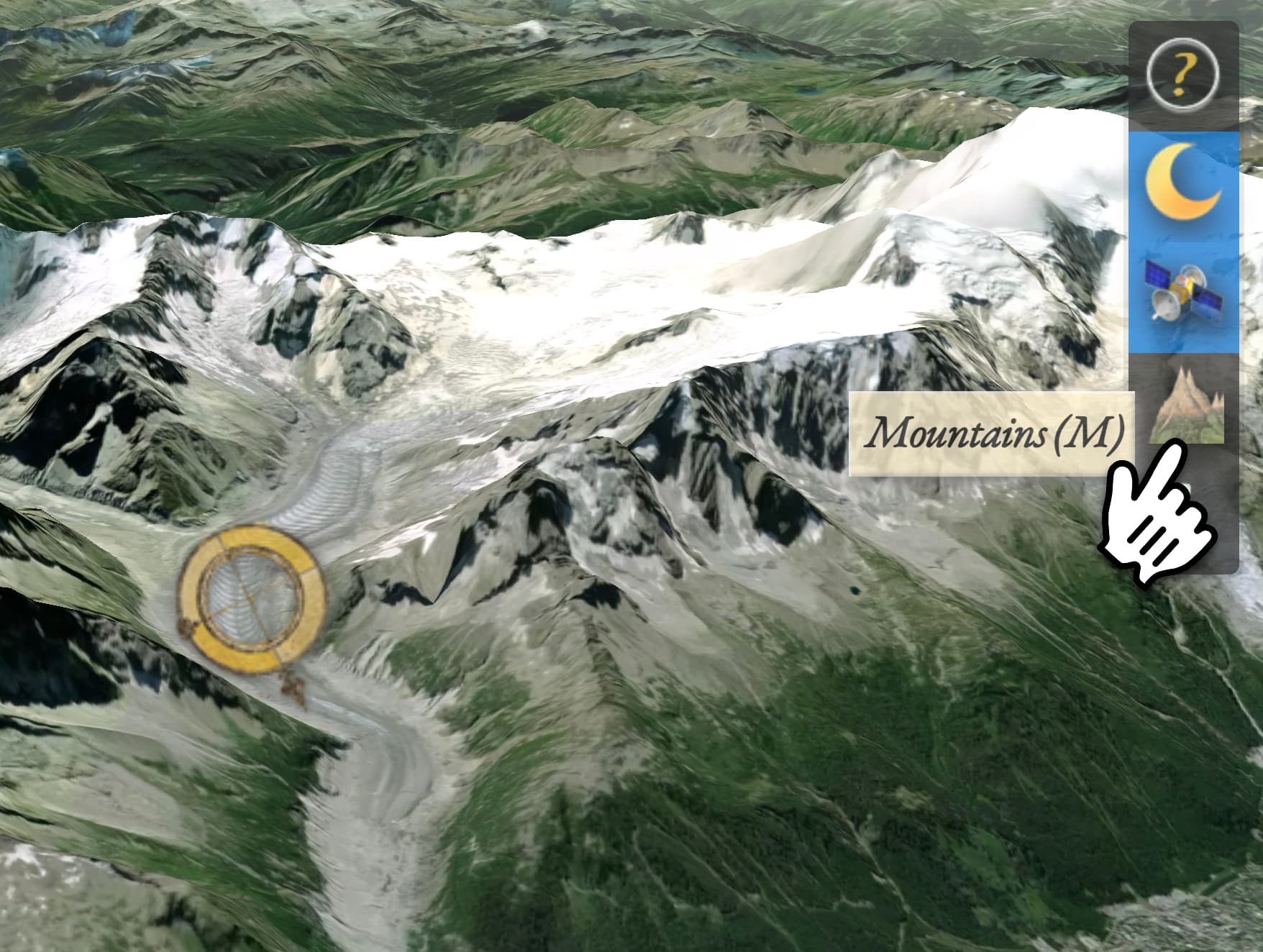 Ein Alpengletscher in 3D. Recht eine Werkzeugleiste mit Mond, Satellit und Berg-Icons