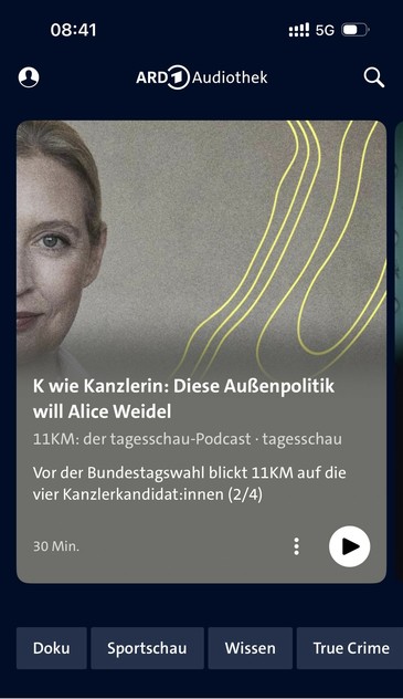 Screenshot von ARD Aufiothek mit Alice Weidel als Titelbild und K wie Kanzlerin. 