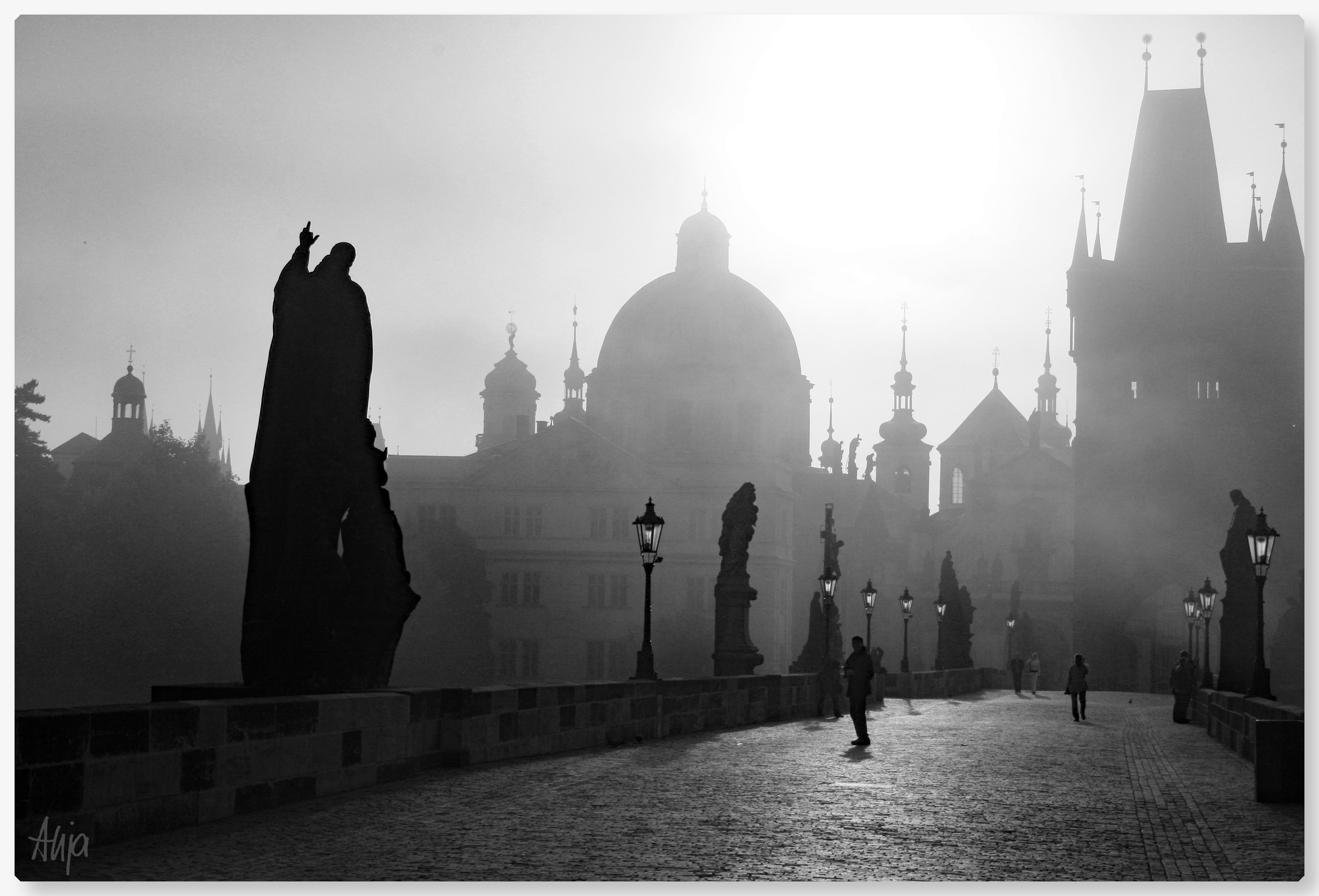 Sonnenaufgang im Nebel über Prag (2009): Das Foto zeigt den Blick von der Karlsbrücke auf die Altstadt. Das Kopfsteinpflaster leuchtet im Vordergrund, die Heiligen-Figuren wirken wie Silhoutetten im Gegenlicht. Es sind nur wenige Menschen auf der Brücke, da das Foto früh am Morgen entstanden ist. Es ist ein schwarz-weißes Bild mit vielen Schattierungen in Grau.

Sunrise in the fog over Prague (2009): the photo shows the view of the Old Town from Charles Bridge. The cobblestones glow in the foreground, the figures of saints look like silhouettes against the light. There are only a few people on the bridge as the photo was taken early in the morning. It is a black and white picture with many shades of grey.