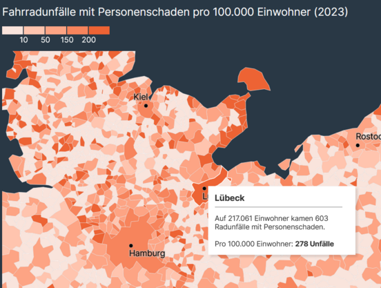 Screenshot von der RND-Flächenkarte für

Lübeck

Auf 217061 Einwohner kamen 603 Radunfälle mit Personenschaden. Pro 100.000 Einwohner: 278 Unfälle