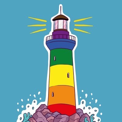 Gezeichneter Leuchtturm. Geringelt in Regenbogenfarben.