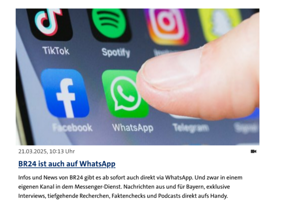 Das Bild zeigt einen Daumen auf einen WhatsAPP Button. Überschrift des Artikels BR24 nun auch auf WhatsApp