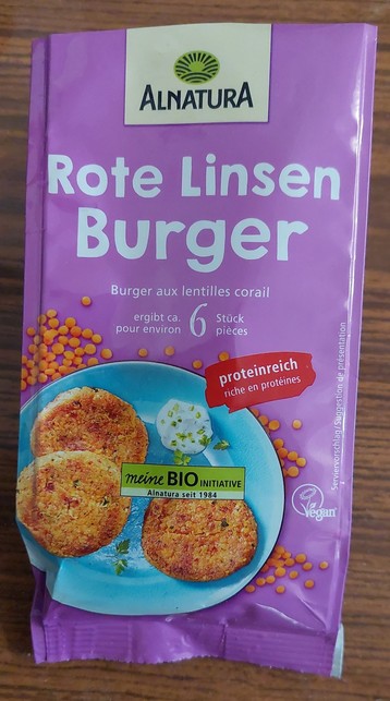 Fertigmischung von Dentree für Burger, rote Linsen u. a. Gemüse mit orientalischer Würzung. Foto der Packung.