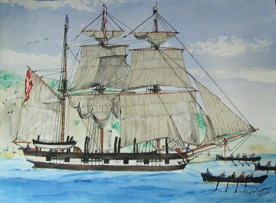 Segelschiff wird bei Flaute von geruderten Beibooten geschleppt. 
