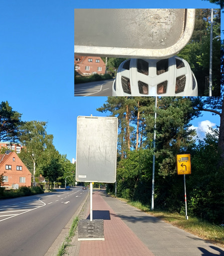 Verkehrsschild großzügig auf Radweg positioniert und sehr niedrig.