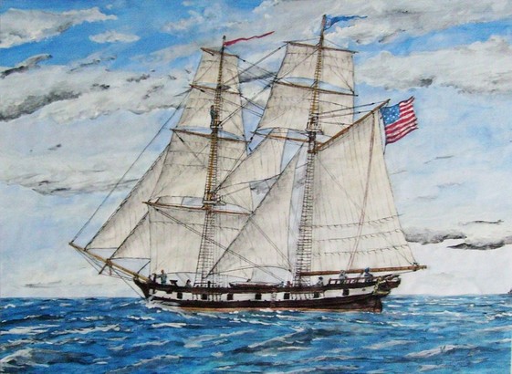 Gemälde einer Brigg. Segelschiffe mit zwei Masten. Die Segel sind gesetzt.  Am schwarz-weißen Rumpf sind Geschützpforten erkennbar. Das Schiff führt die US-Flagge von 1812.