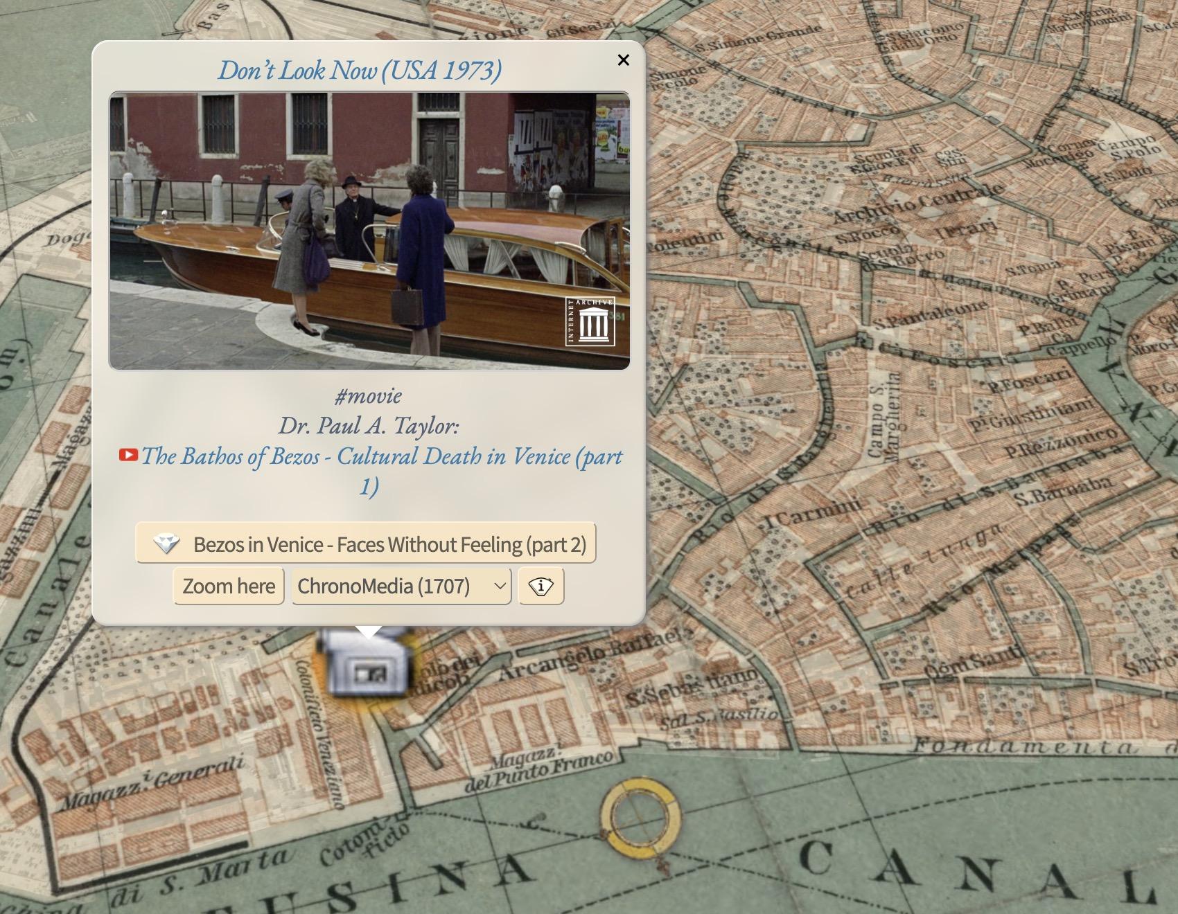 old map of Venice with a popup window that contains a thumbnail to the movie »Don’t Look Now« :: A couple enters a boat.