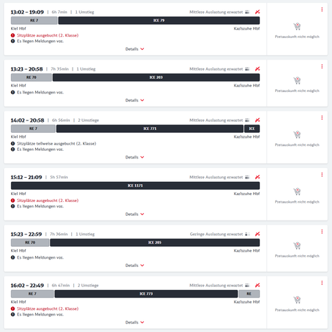 Screenshot von der DB Verbindungsauskunft, die für alle Fahrten anzeigt, dass die Preisauskunft nicht möglich ist.