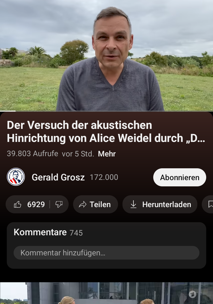 screenshot des youtube videos von Gerhard Grosz, der seinen "Bericht" zum Sommerinterview betitelt mit "Der Versuch der akustischen Hinrichtung von Alice Weidel durch 'Demonstranten'"