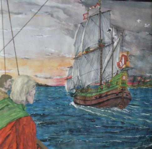 Gemälde, im Vordergrund links zwei Menschen an Bord eines Segelschiffs, die auf ein anderes Segelschiff sehen. 