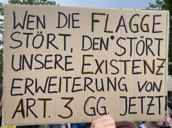 Demoschild: Wen die Flagge stört, den* stört unsere Existenz.
Erweiterung von Art. 3 Grundgesetz jetzt! 
(Mit Flagge ist die Regenbogenflagge gemeint, die dieses Jahr nicht am Bundestag gefaggt werden durfte. Das Schild selbst ist aus brauner Pappe mit schwarzer Marker-Schrift)
