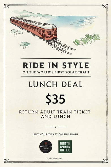 Ride In Style
on the world's first solar train

Lunch Deal
$35

Return adult train ticket and lunch

Buy your ticket on the train


