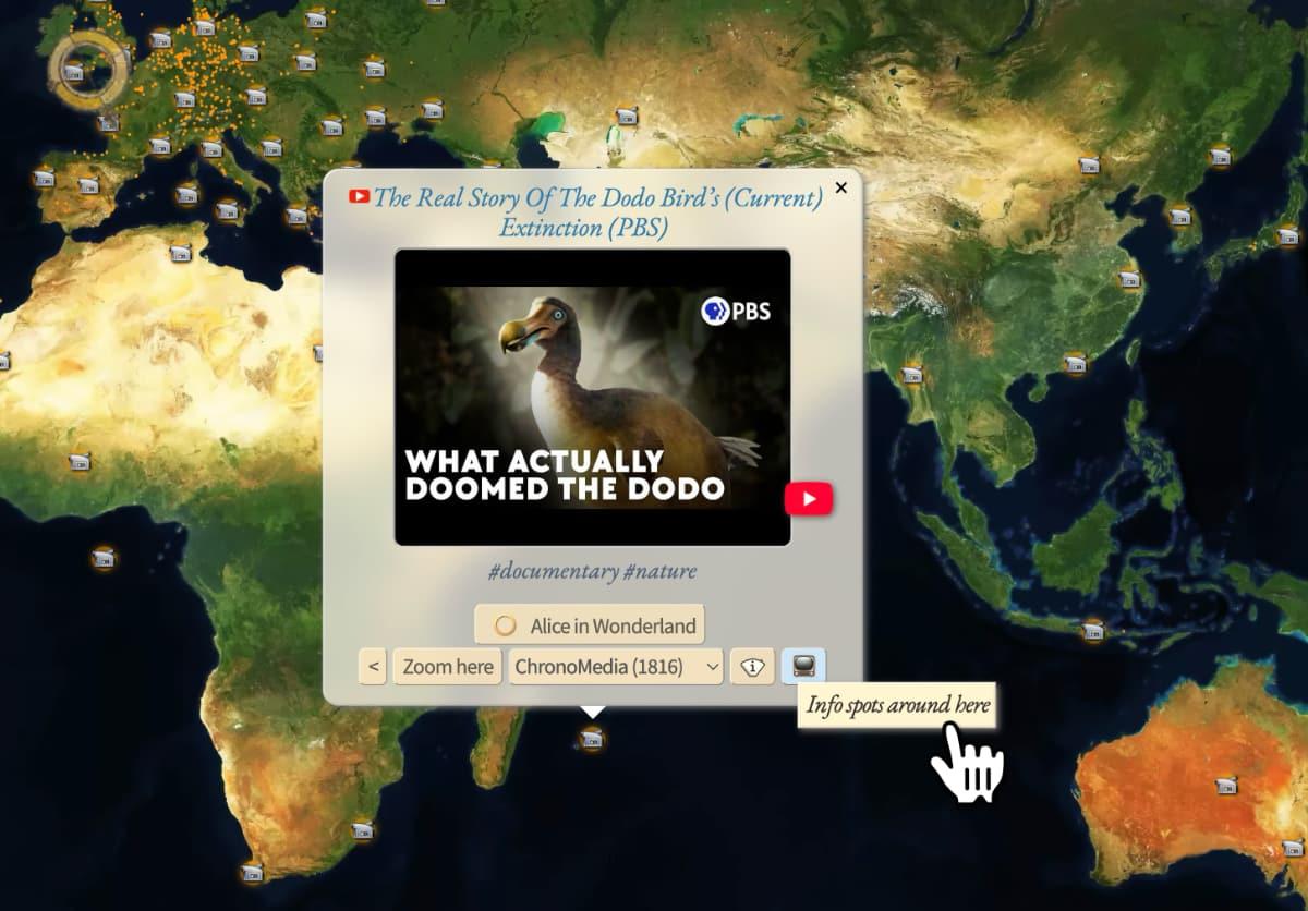 map of the world with a popup panel east of Madagascar. A YouTube teaser: The Real Story Of The Dodo Bird’s (Current) Extinction (PBS)